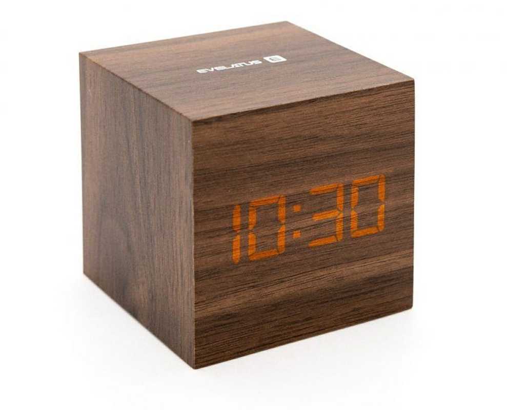 Evelatus EMC02 Digitāls koka kuba Pulkstenis Modinātājs ar termometru + USB adapteris Tumšs koks