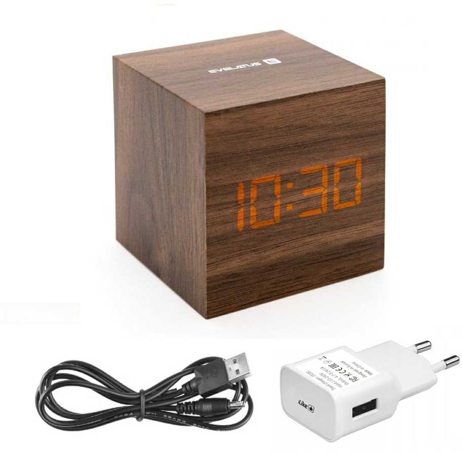 Evelatus EMC02 Digitāls koka kuba Pulkstenis Modinātājs ar termometru + USB adapteris Tumšs koks