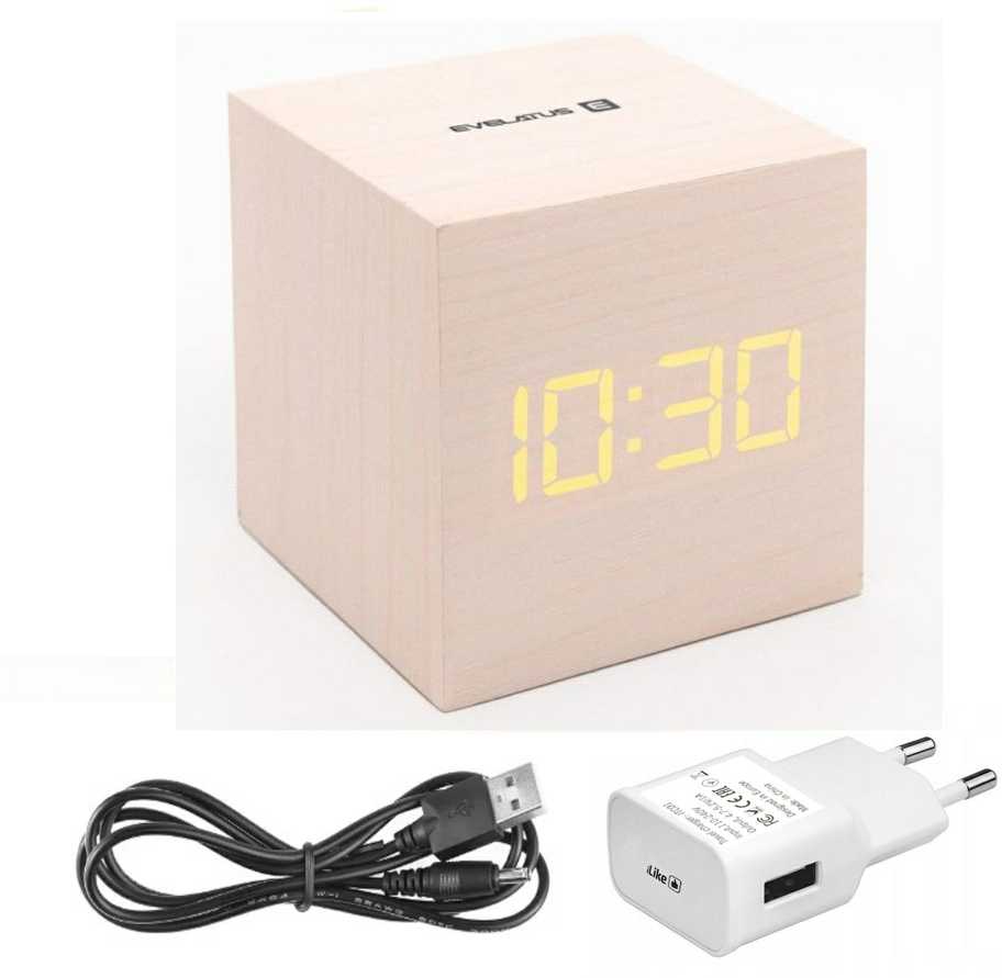 Evelatus EMC02 Digitāls koka kuba Pulkstenis Modinātājs ar termometru + USB adapteris Balts