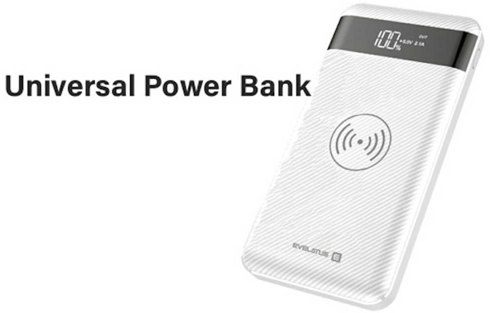 Evelatus EPB05 10000mAh Power Bank X2 USB / Micro USB-C Lightning + 10W bezvadu uzlādētājs balts