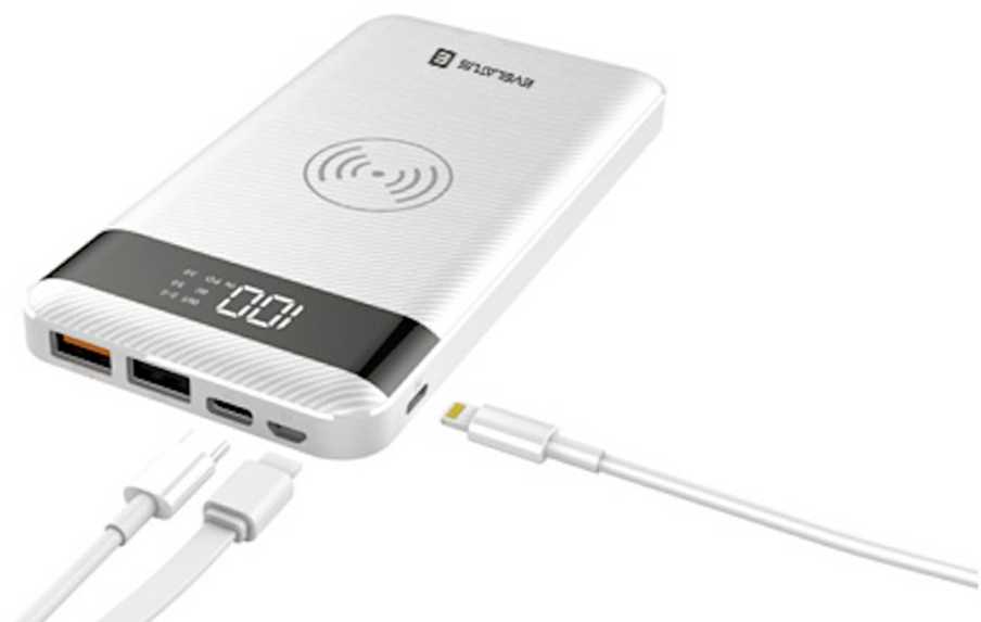 Evelatus EPB05 10000mAh Power Bank X2 USB / Micro USB-C Lightning + 10W bezvadu uzlādētājs balts