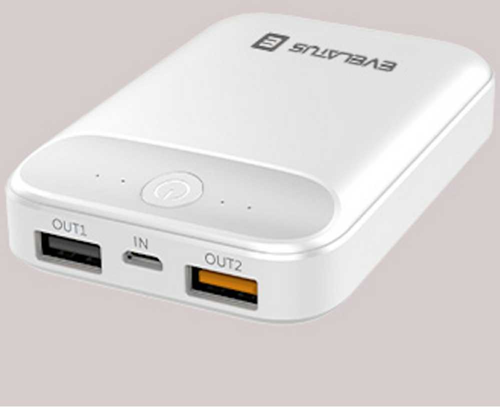 Evelatus EPB07 10000mAh Kompakts Power Bank x2 USB Ātrs 18W uzlāde Balta