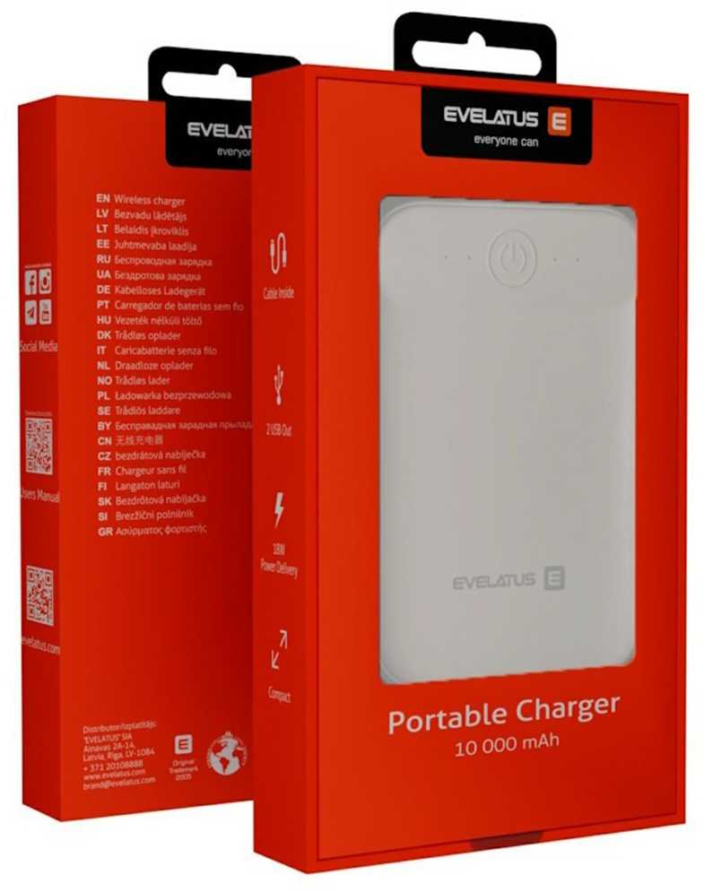 Evelatus EPB07 10000mAh Kompakts Power Bank x2 USB Ātrs 18W uzlāde Balta