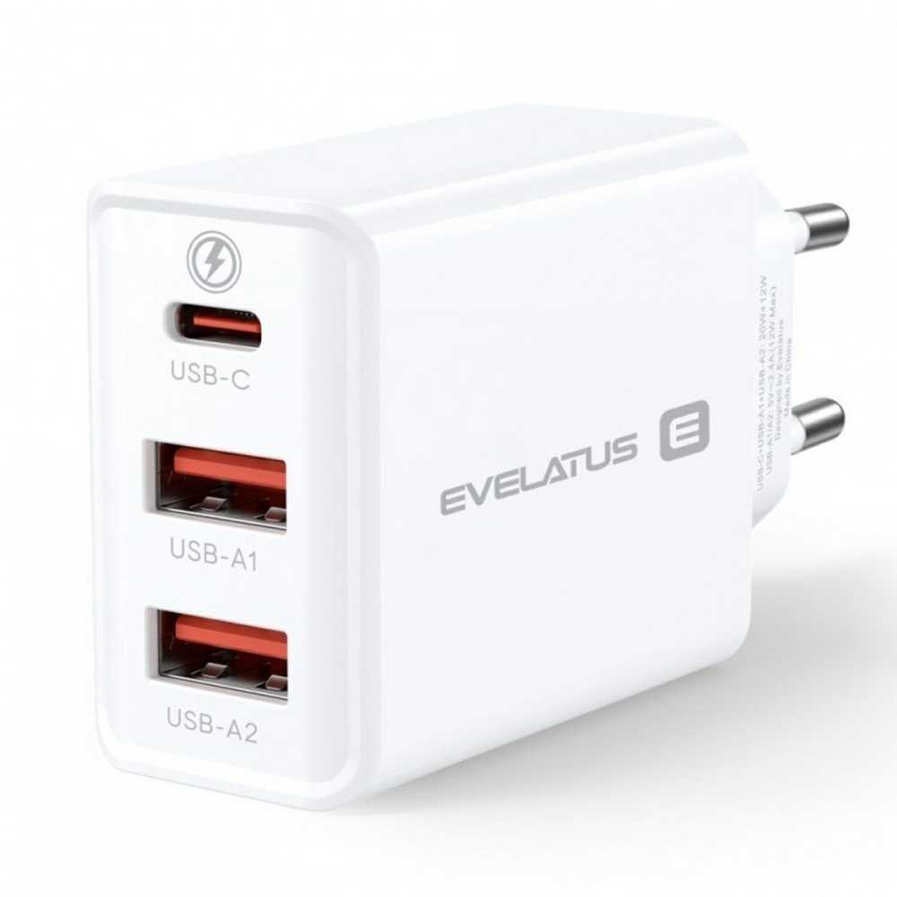 Evelatus ETC06 Premium 32W adaptīvs 3 Portu 5V-12V 2x USB / USB-C Tīkla lādētājs Bats