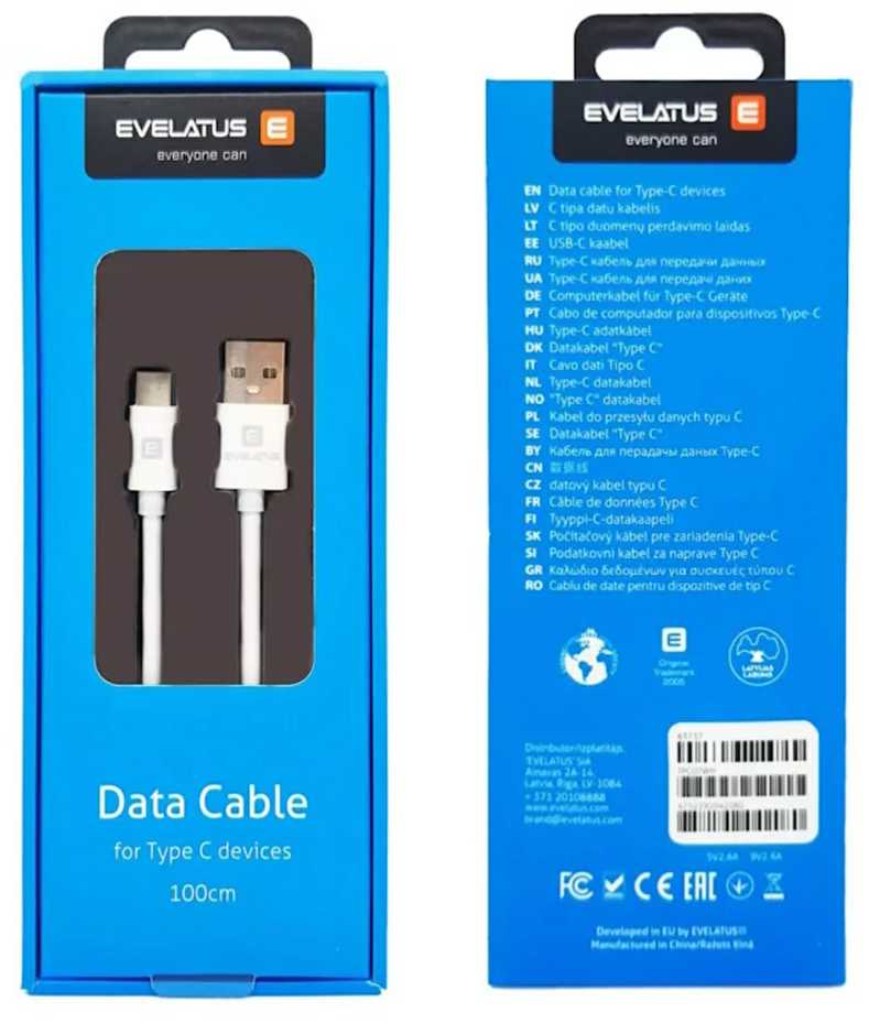 Evelatus TPC0 Izturīgs TPE USB uz USB-C (Type-C) Universāls Ātrs 3.1A Uzlādes kabelis 1m Balta