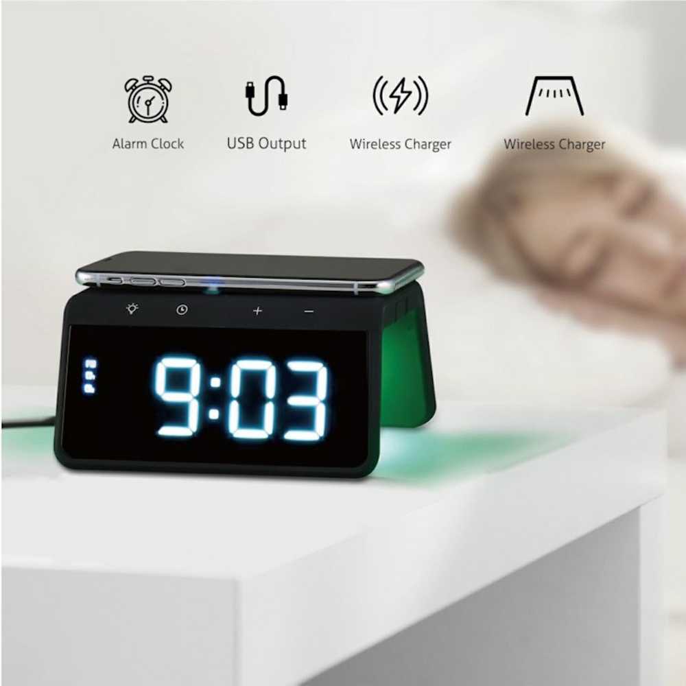 Evelatus WCC01BK 2in1 Lielais Ciparu Signāla Pulkstenis ar 10 W bezvadu lādētāju un RGB krāsu lampu melnā krāsā