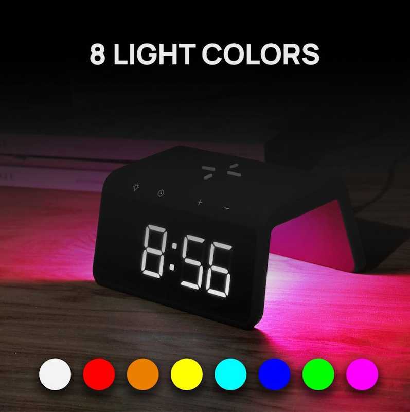 Evelatus WCC01BK 2in1 Lielais Ciparu Signāla Pulkstenis ar 10 W bezvadu lādētāju un RGB krāsu lampu melnā krāsā