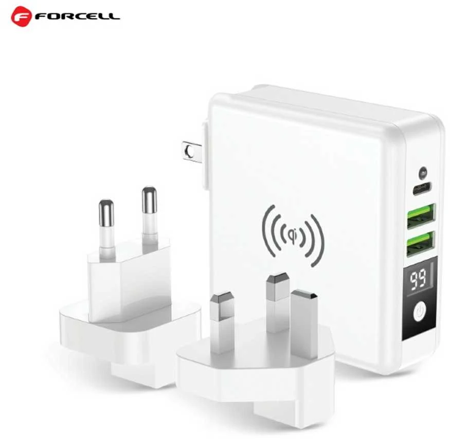 Daugiafunkcis įkroviklis Forcell F-Energy 4in1 2 x USB A + USB C 15W + išorinė baterija 8000mAh + belaidis įkrovimas baltas