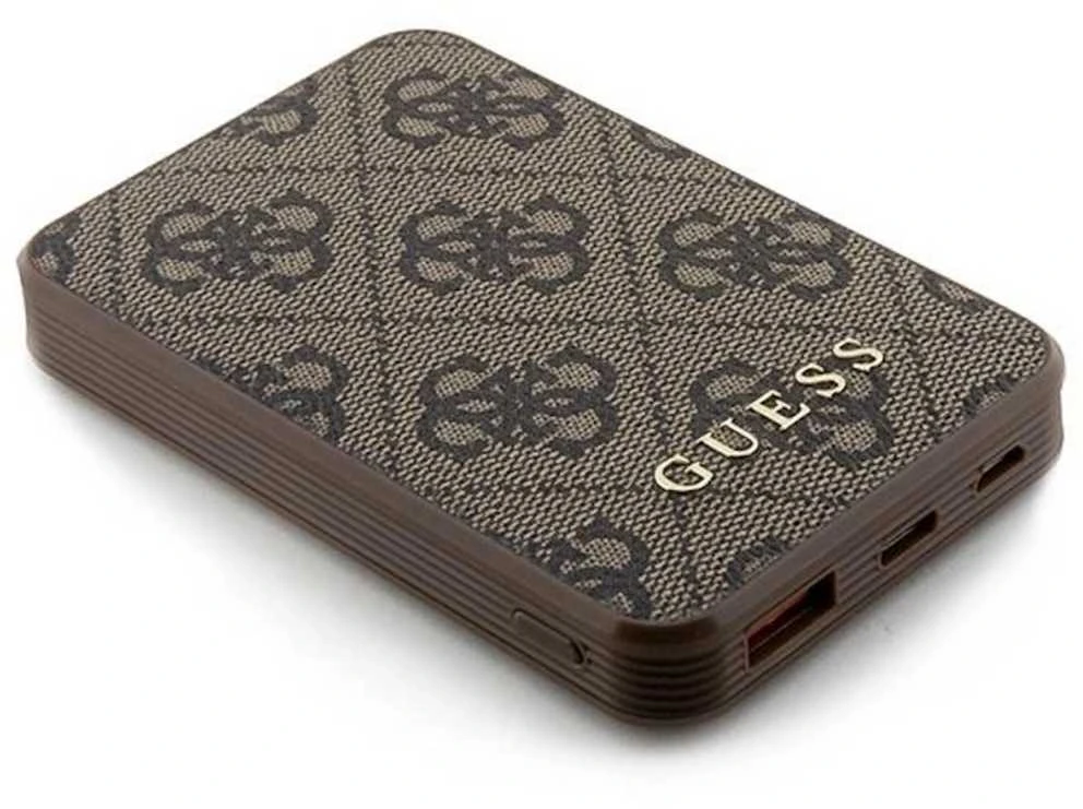 Guess indukcinė išorinė baterija 15W GUPB5FP4EMGW 5000mAh rudos spalvos 4G odinis metalinis logotipas MagSafe