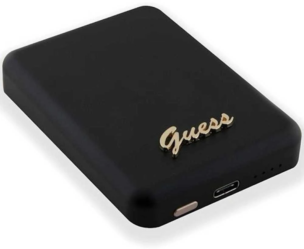 „Guess“ indukcinė išorinė baterija 15 W GUPBM5ALGSGK 5000 mAh juodos spalvos „MagSafe Metal Script Logo“