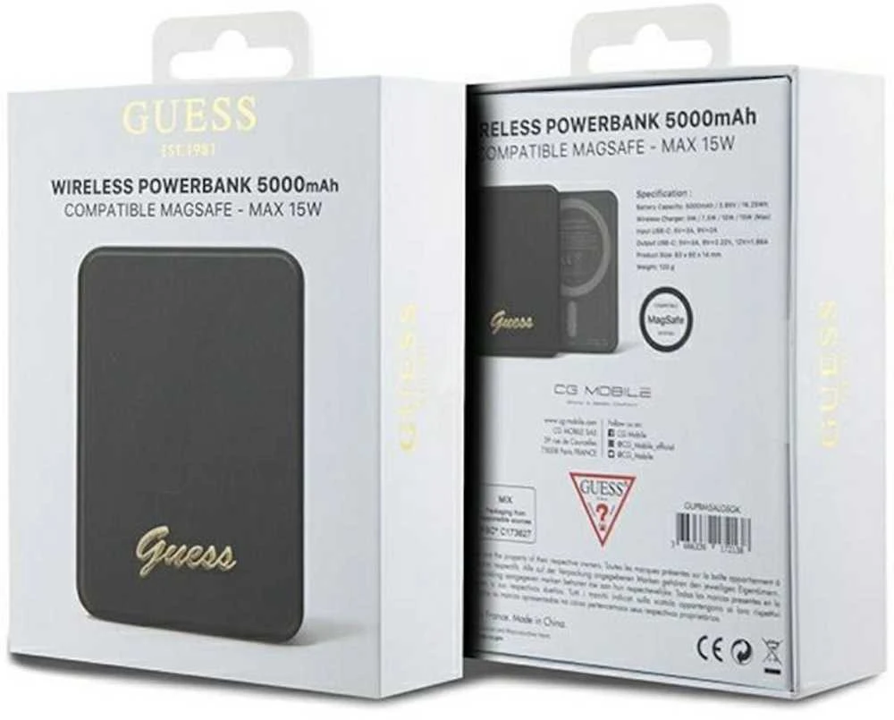 „Guess“ indukcinė išorinė baterija 15 W GUPBM5ALGSGK 5000 mAh juodos spalvos „MagSafe Metal Script Logo“