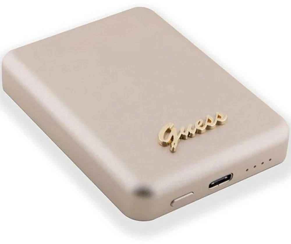 „Guess“ indukcinė išorinė baterija 15 W GUPBM5ALGSGD 5000 mAh, aukso spalvos „MagSafe Metal Script Logo“