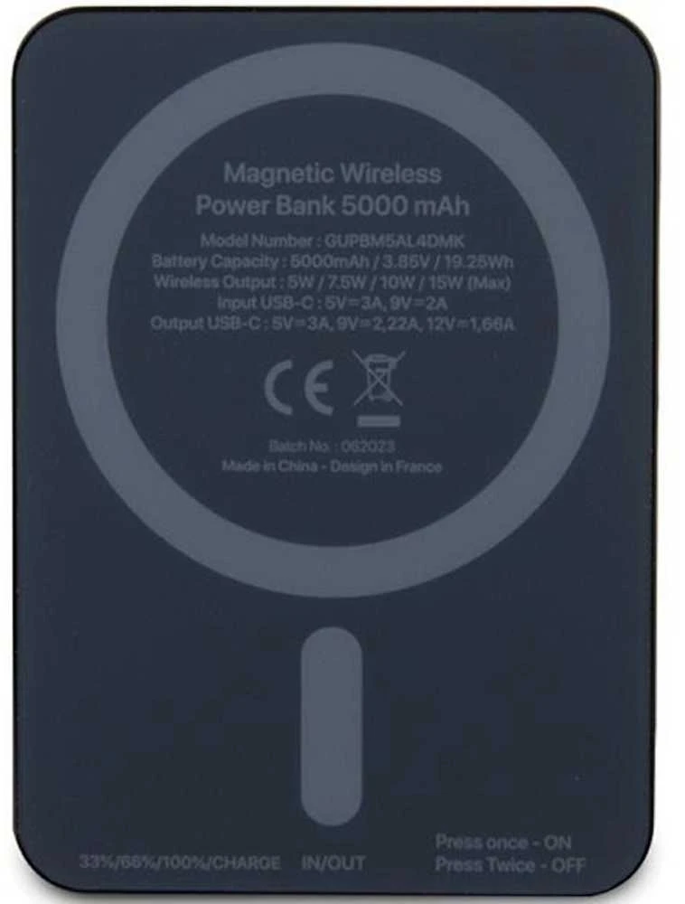 „Guess“ indukcinė išorinė baterija 15 W GUPBM5AL4DMK 5000 mAh juodos spalvos „MagSafe 4G“ su metaliniu logotipu