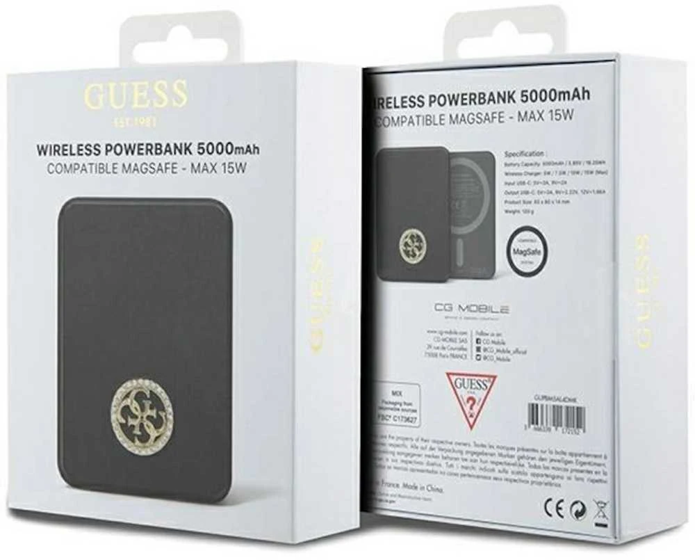 „Guess“ indukcinė išorinė baterija 15 W GUPBM5AL4DMK 5000 mAh juodos spalvos „MagSafe 4G“ su metaliniu logotipu
