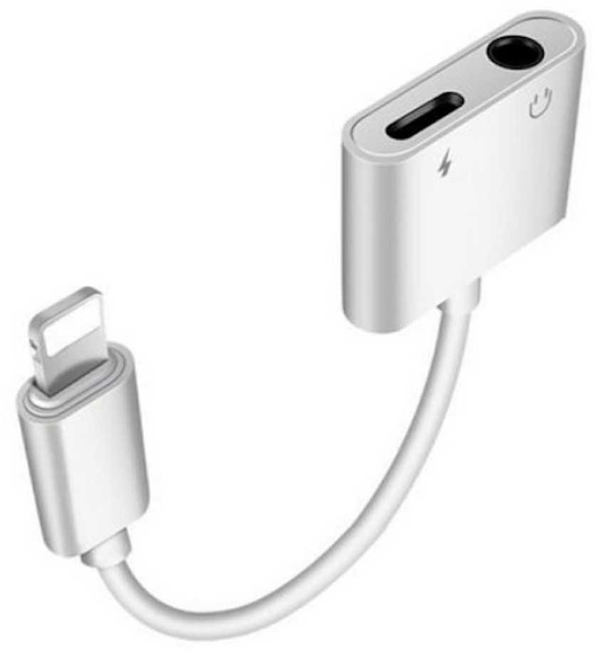 iLike AX7 Duāls Lightning kabeļu adapteris uz 3.5mm austiņu ligzdu + Lightning Uzlādes ligzdu Balts