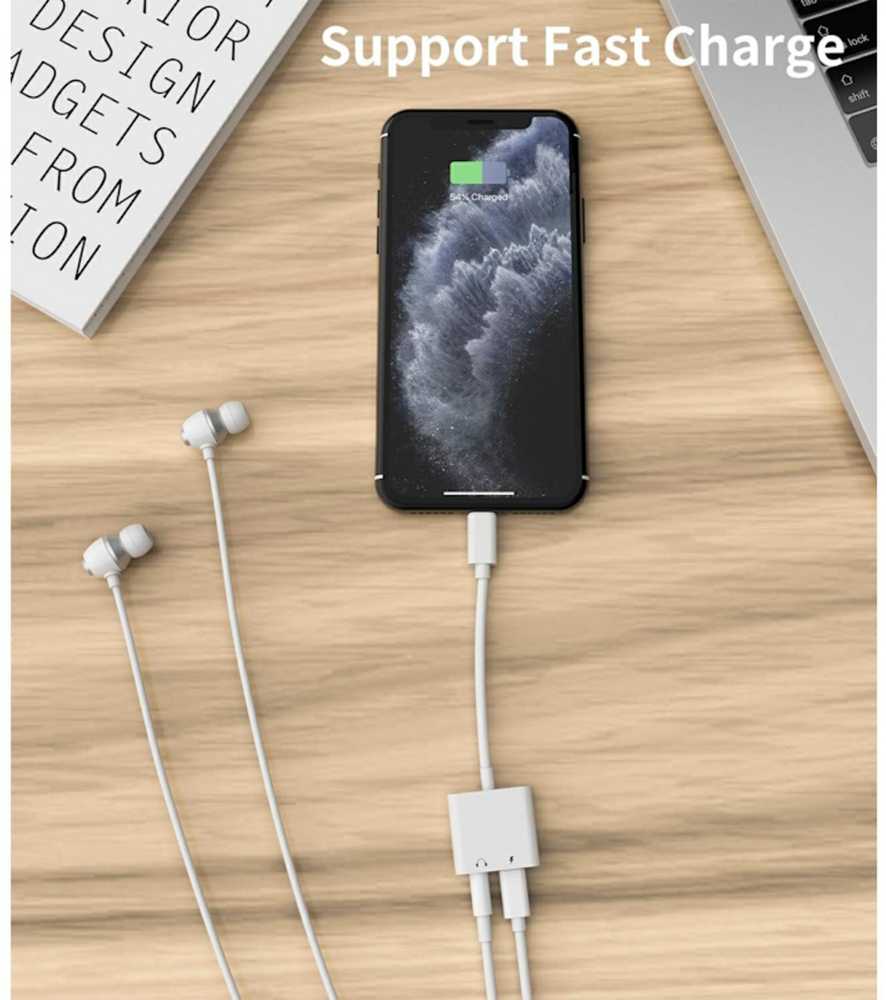 iLike AX7 Duāls Lightning kabeļu adapteris uz 3.5mm austiņu ligzdu + Lightning Uzlādes ligzdu Balts
