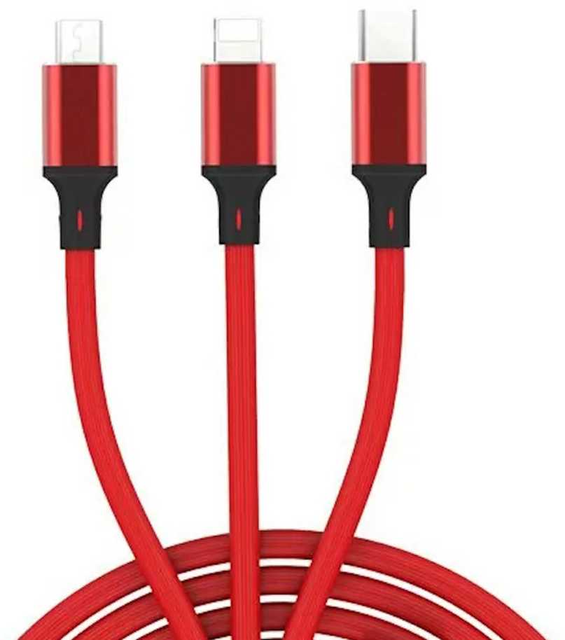 iLike CCI02 Pīta auduma izturīgs USB 3in1 Kabelis ar USB uz Micro USB / Lightning / Type-C 1m Sarkans