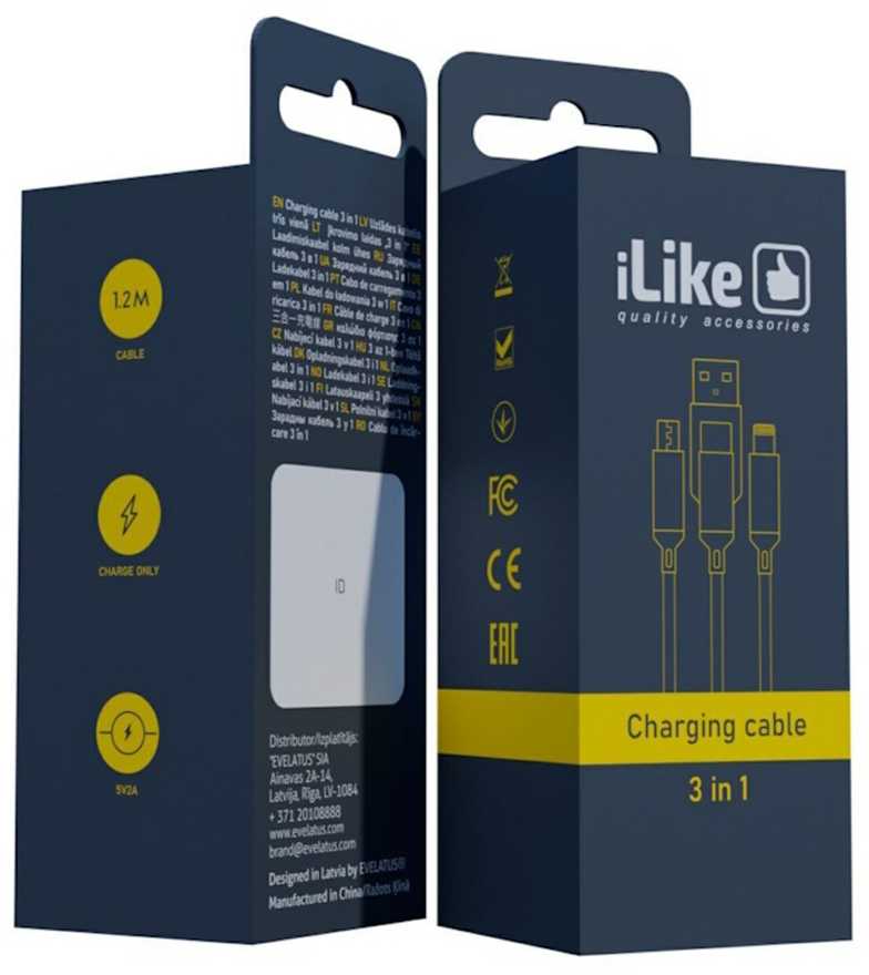 iLike CCI02 Pīta auduma izturīgs USB 3in1 Kabelis ar USB uz Micro USB / Lightning / Type-C 1m Melns