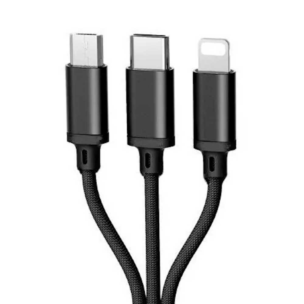 iLike CCI02 Pīta auduma izturīgs USB 3in1 Kabelis ar USB uz Micro USB / Lightning / Type-C 1m Melns