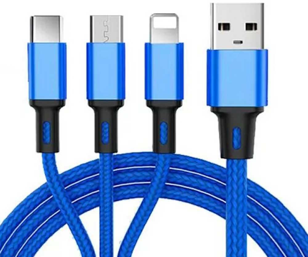 iLike CCI02BE Pīta auduma izturīgs USB 3in1 Kabelis ar USB uz Micro USB / Lightning / Type-C 1m Zils