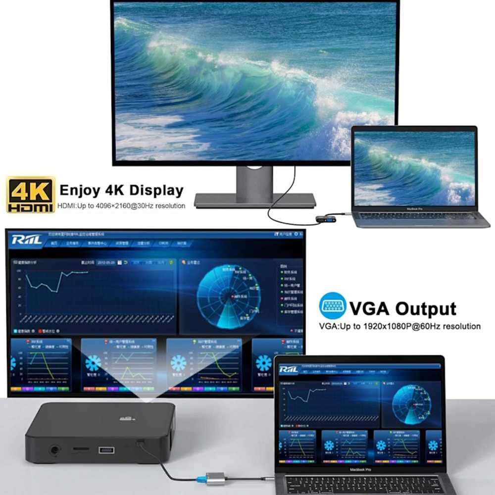 iLike HD4 2in1 Video Adapteris - Pārveidotājs no USB-C uz Hdmi 4K 30Hz / VGA monitors Sudraba (OEM)