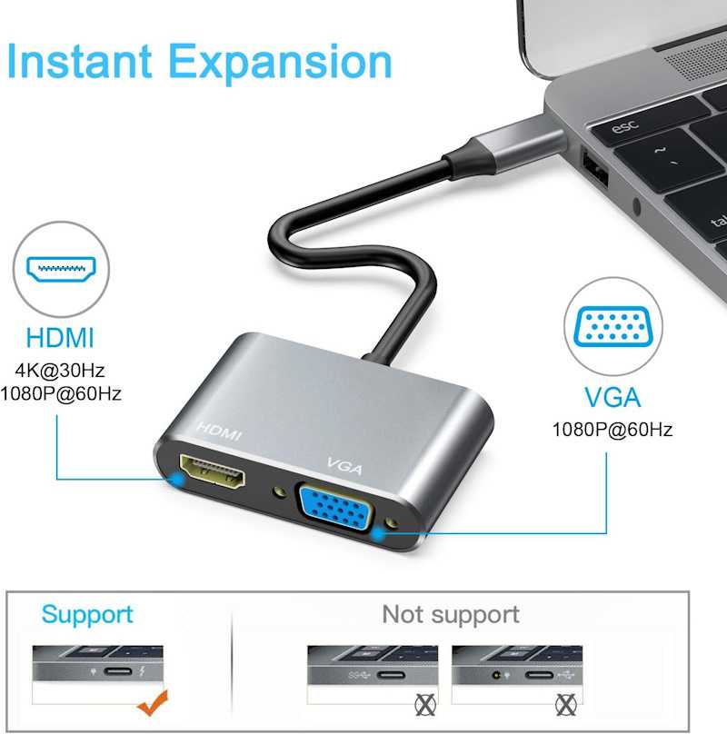 iLike HD4 2in1 Video Adapteris - Pārveidotājs no USB-C uz Hdmi 4K 30Hz / VGA monitors Sudraba (OEM)
