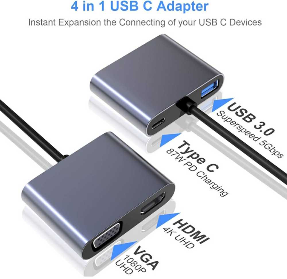 iLike HD5 4in1 Konverteris USB-C uz Hdmi 4K 30Hz / VGA monitors / USB 3.0 / USB-C PD 100W