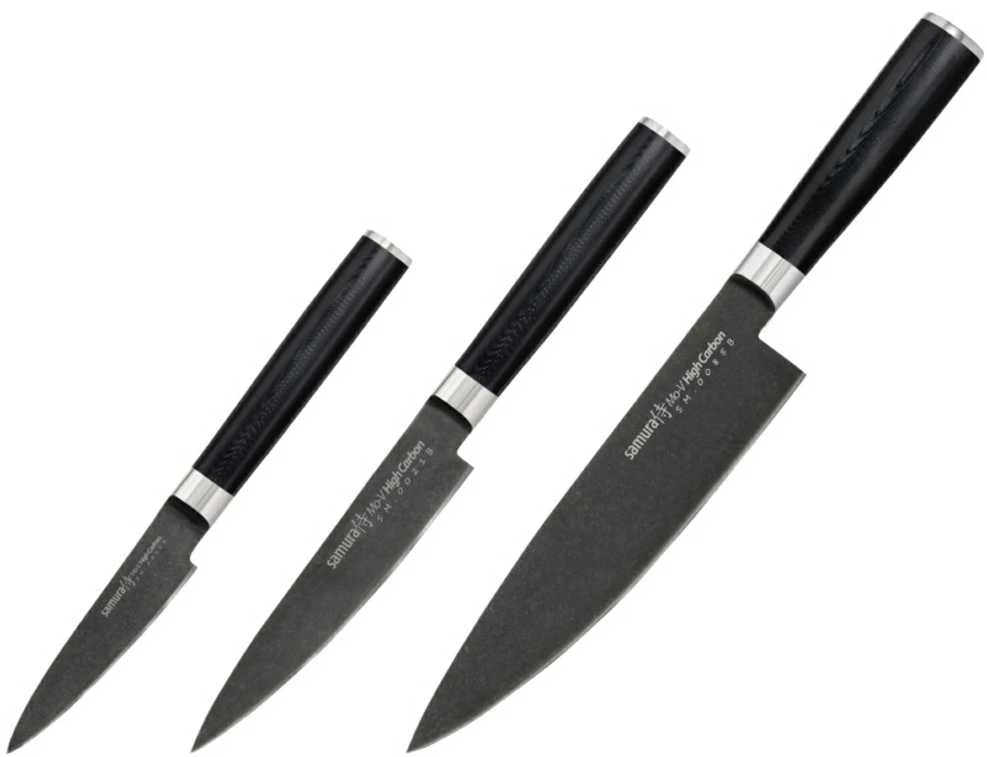 Samura MO-V Stonewash Set 3x universalūs peiliai (Chefs, Univesal, Paring) iš AUS 8 japoniško plieno 59 HRC