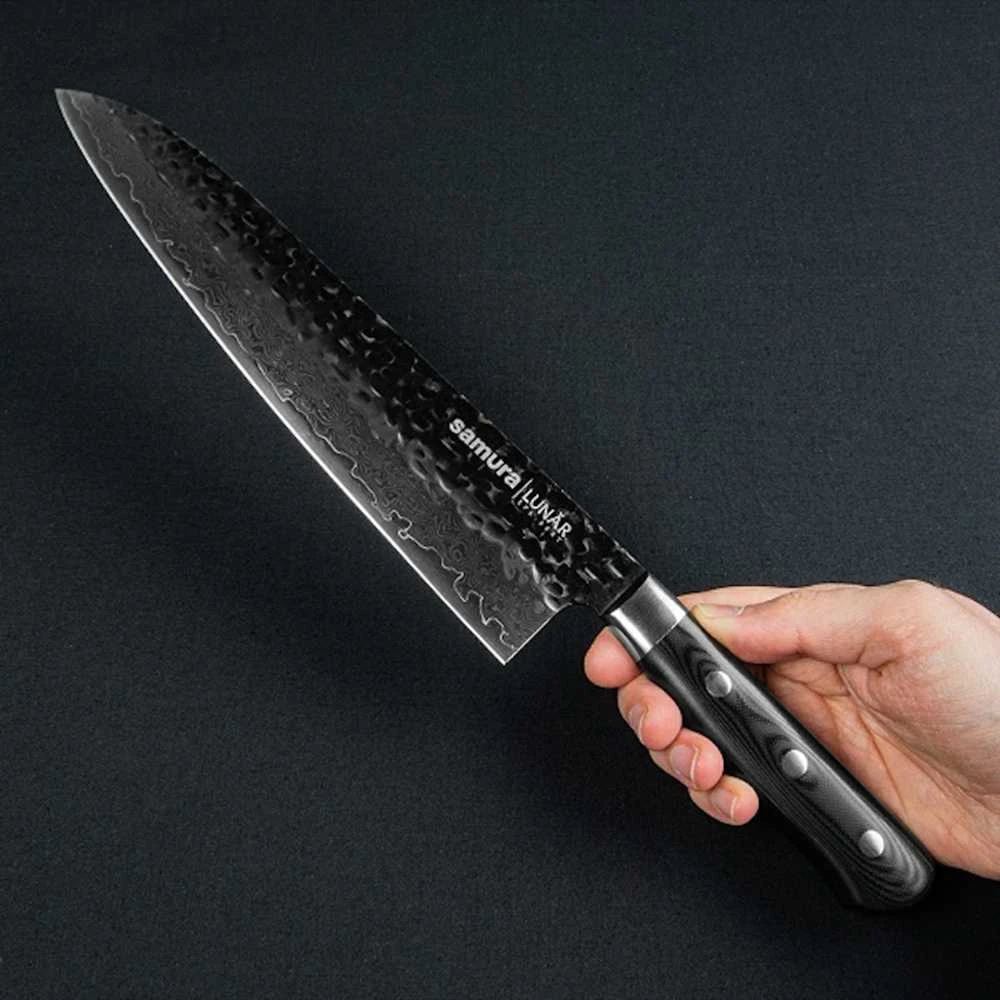 Samura Pro-S Lunar Kitchen Grand Chef's peilis 241mm Hammered Damascus Japan steel 61 HRC
