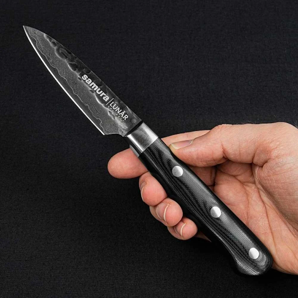 Samura Pro-S Lunar Kitchen Paring peilis 78mm blade Hammered Damascus Japan steel 61 HRC