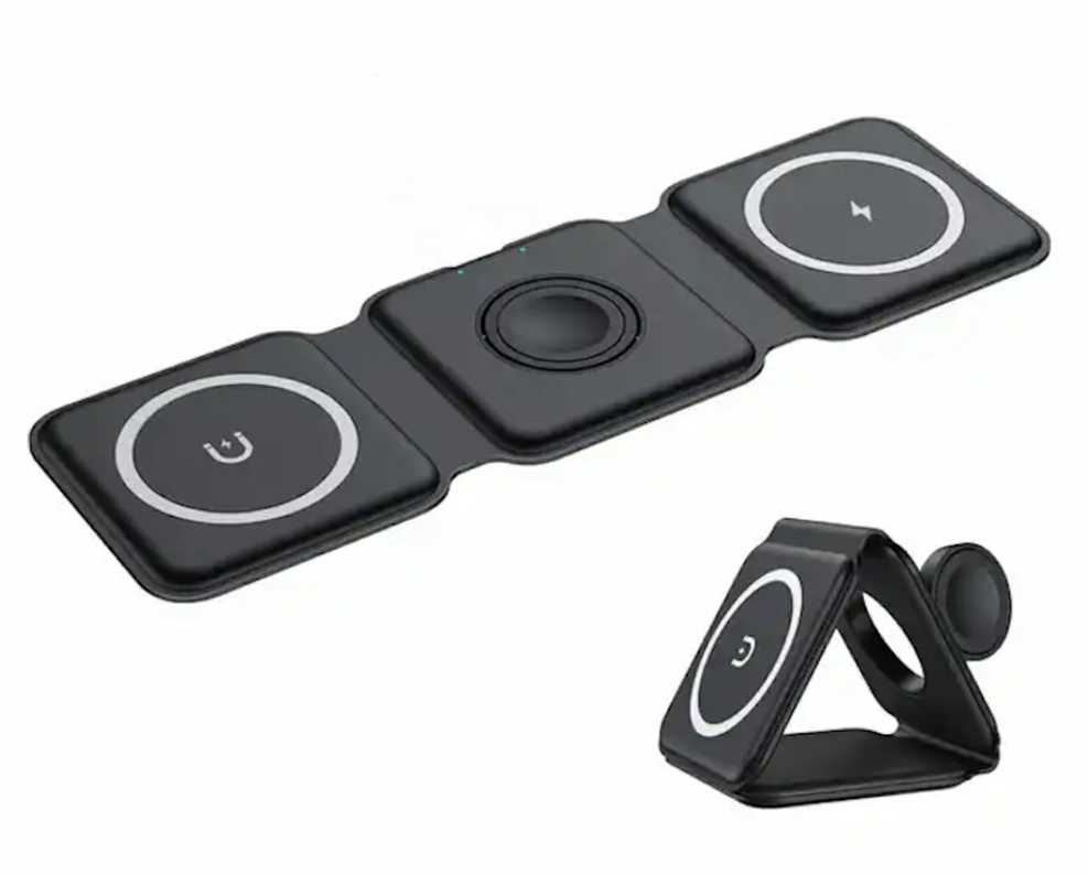 WoW F1 3in1 sulankstomas magnetinis belaidis 15 W įkroviklis išmanusis telefonas / išmanusis laikrodis / TWS ausinės juodos