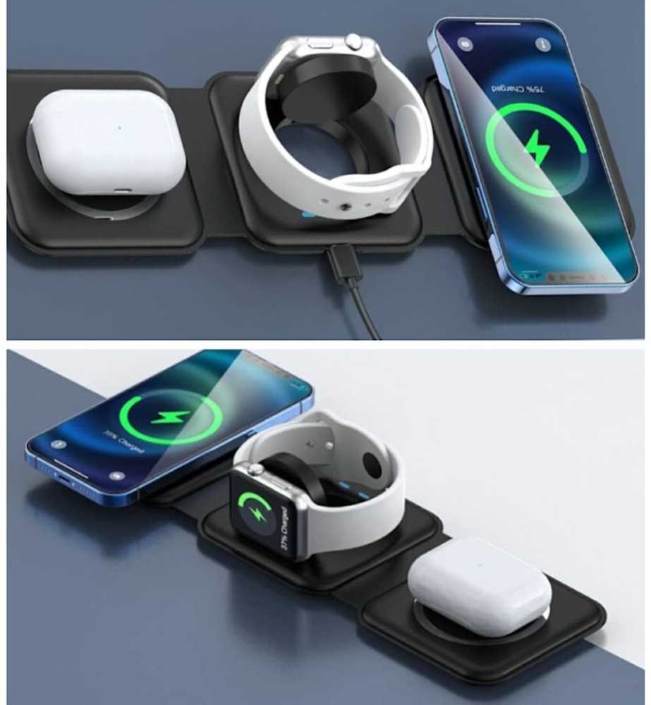 WoW F1 3in1 sulankstomas magnetinis belaidis 15 W įkroviklis išmanusis telefonas / išmanusis laikrodis / TWS ausinės juodos