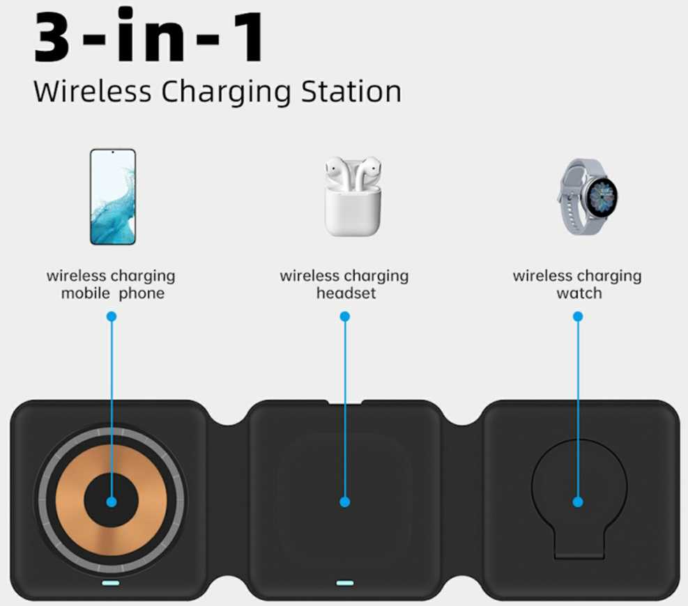 WoW F1 3in1 sulankstomas magnetinis belaidis 15 W įkroviklis išmanusis telefonas / išmanusis laikrodis / TWS ausinės juodos