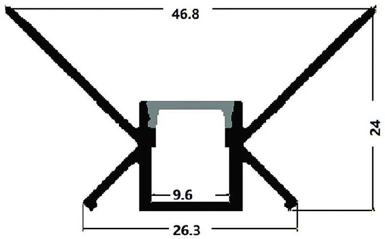 Avide įleidžiamas aliuminio profilis vidiniam kampui 46.8x24mm su juodu dangteliu, 1m