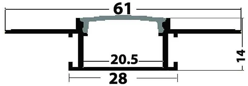 Avide įleidžiamas aliuminio U profilis 61x14mm su matiniu dangteliu, 1m