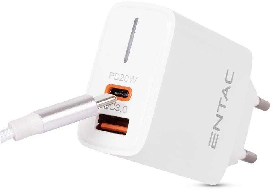 Entac greitas įkroviklis USB-C + USB-A 20W baltas