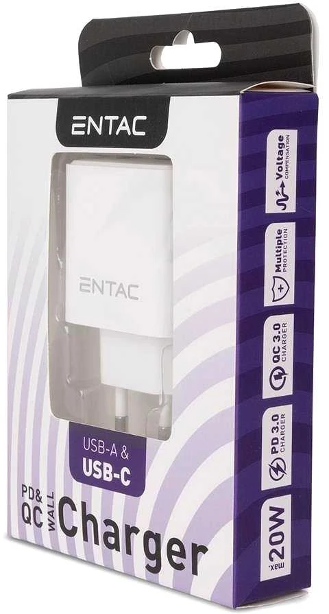 Entac greitas įkroviklis USB-C + USB-A 20W baltas