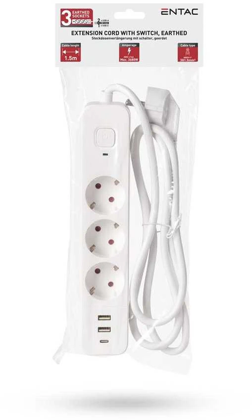 Entac Ilgiklis 3 lizdų 2USB-A + USB-C, 1.5 m