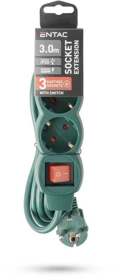 Entac ilgiklis 3 lizdų 3m 3680W IP20 su jungikliu, žalias