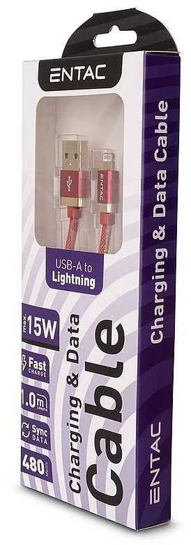Entac kabelis USB-A - Lightning 1m 3A 15W nailonas raudonas