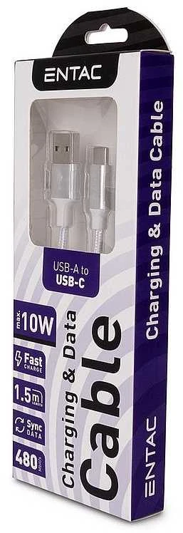 Entac kabelis USB-A - USB-C 1.5m 2A 10W nailonas sidabrinis