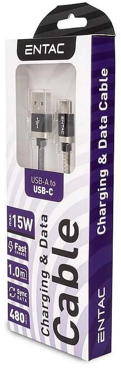 Entac kabelis USB-A - USB-C 1m 3A 15W nailonas juodas