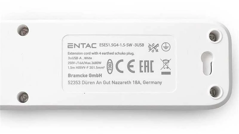 Entac prailgintuvas su įžeminimu 4lizdų+3USB 1.5 m 3680W