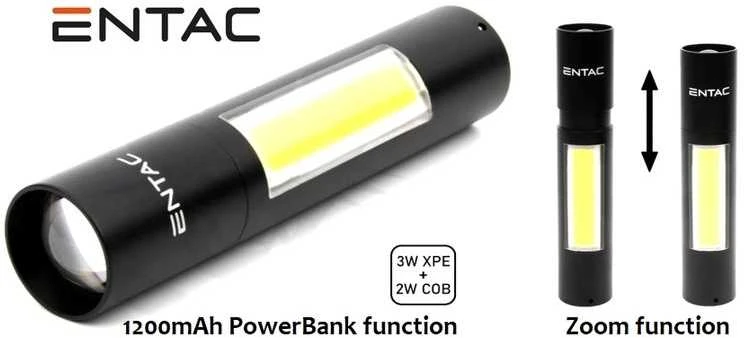 Įkraunamas žibintas Entac 3W XPE+2W COB