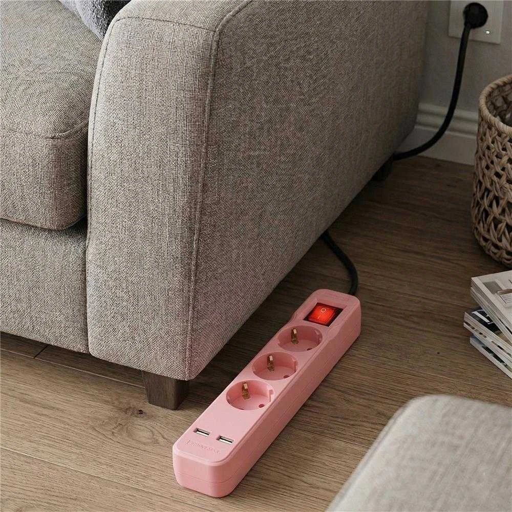 Ilgiklis Entac 3 lizdų +2USB 1.5m 16A su jungikliu, rožinis