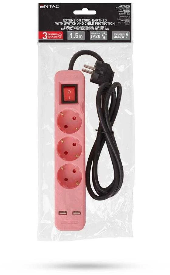 Ilgiklis Entac 3 lizdų +2USB 1.5m 16A su jungikliu, rožinis