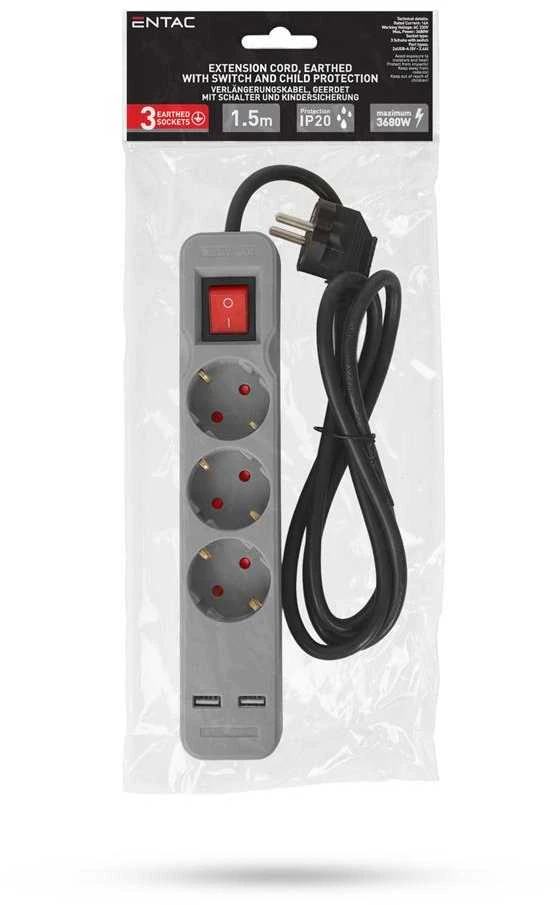 Ilgiklis Entac 3 lizdų +2USB 1.5m 16A su jungikliu, pilkas