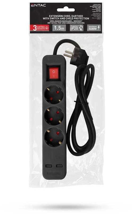 Ilgiklis Entac 3 lizdų +2USB 1.5m 16A su jungikliu, pilkas
