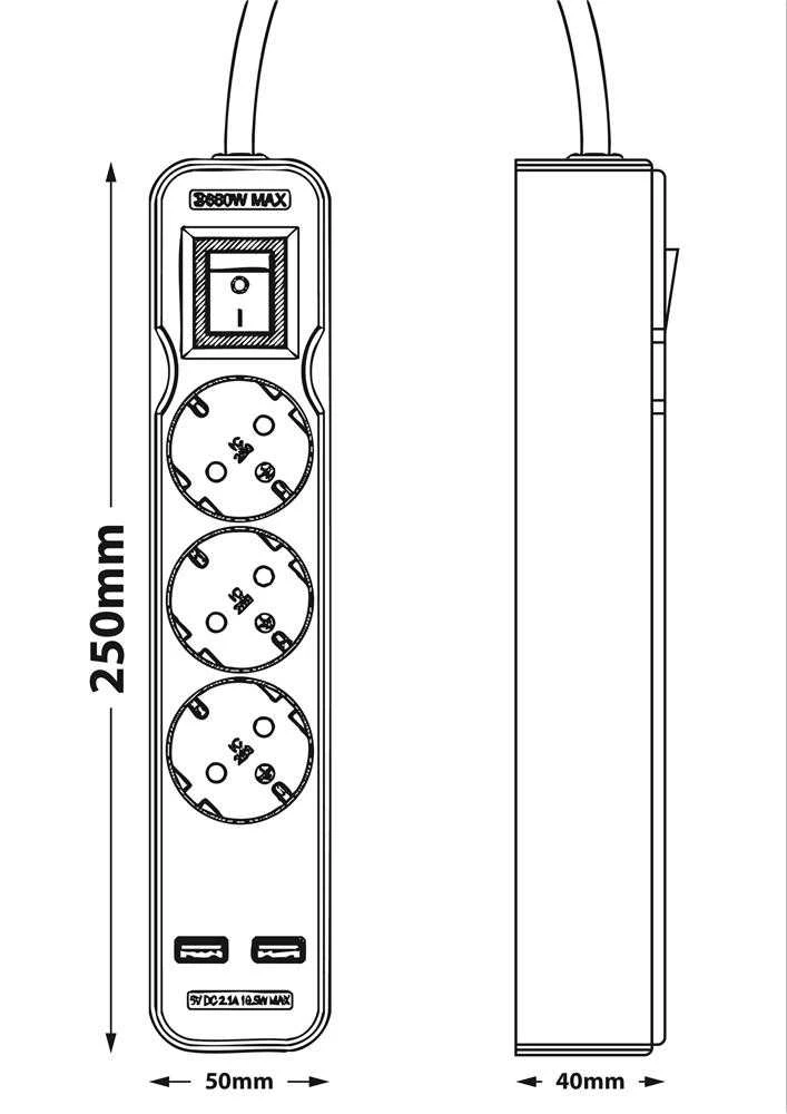 Ilgiklis Entac 3 lizdų +2USB 1.5m 16A su jungikliu, pilkas