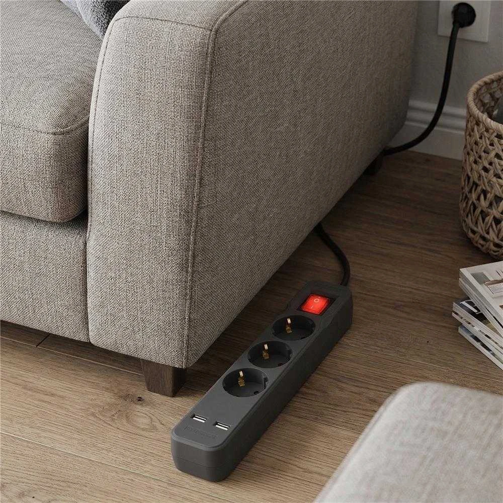 Ilgiklis Entac 3 lizdų +2USB 1.5m 16A su jungikliu, pilkas